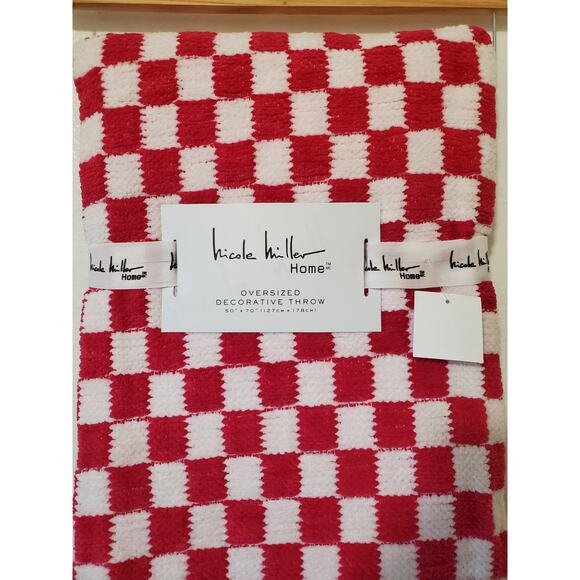 Nicole Miller Home Chenille Throw Blanket Pink White Checkered Fringe 50x70 New - Picture 5 of 13
